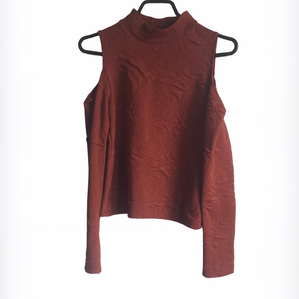 Unbranded Floral Mock Neck Burnt Orange Peasant Cold Shoulder Top